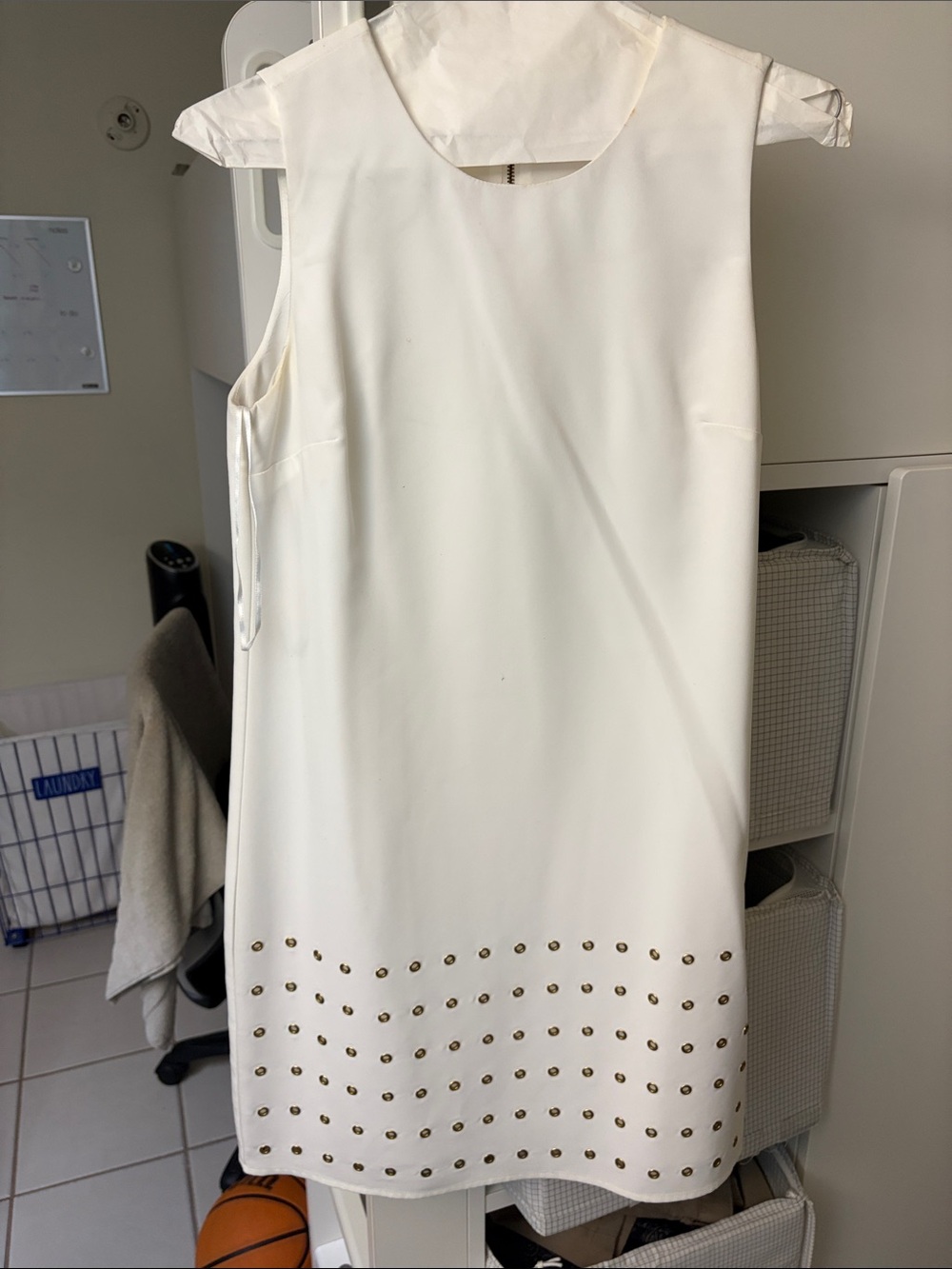 Vince Camuto Ivory Sleeveless Shift Dress with Gold Stud Hem Detail